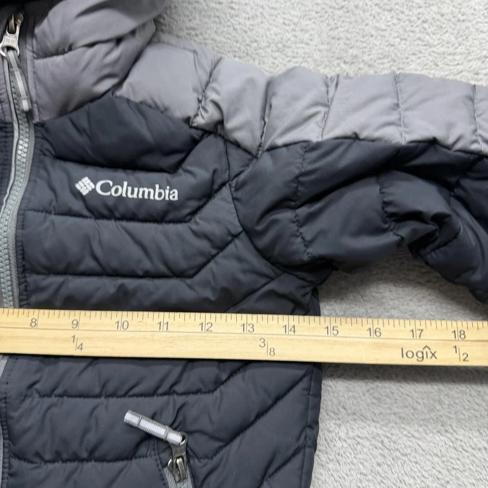 Columbia Jacket Youth 6 Black Gray Hooded Puffer Omni-Heat Insulated Full Zip‎